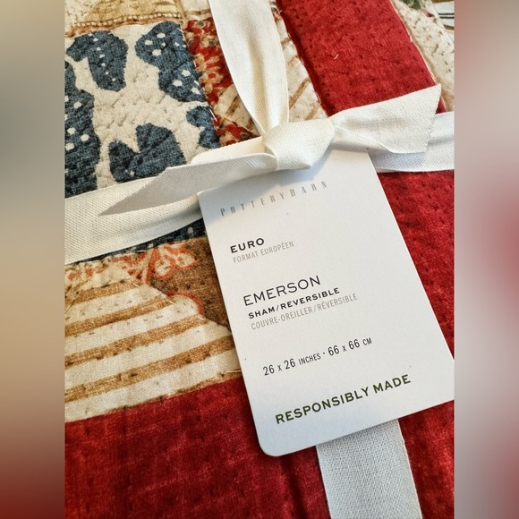 NEW Pottery Barn Emerson Reversible Quilted Euro Pillow Sham Americana NWT - Picture 4 of 6